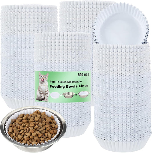 meekoo 600 Pcs Large Pet Disposable Feeding Bowls Liner Bulk Cat Food Bowls Small Paper Dish Paper Liner for Small Dogs Cats Dish Wet Food Feeding Station(White,Classic)