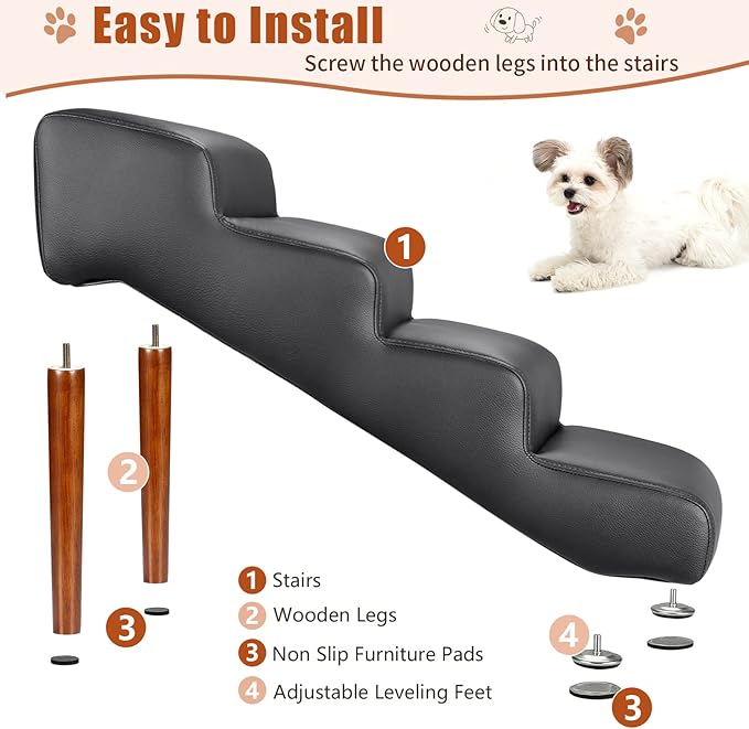 Senneny Black Faux Leather Dog Stairs, for Pets up to 150 lbs, Waterproof, Scratch Resistant Pet Steps/Stairs with High Density Foam and Detachable Wooden Legs, Black, 4 Step