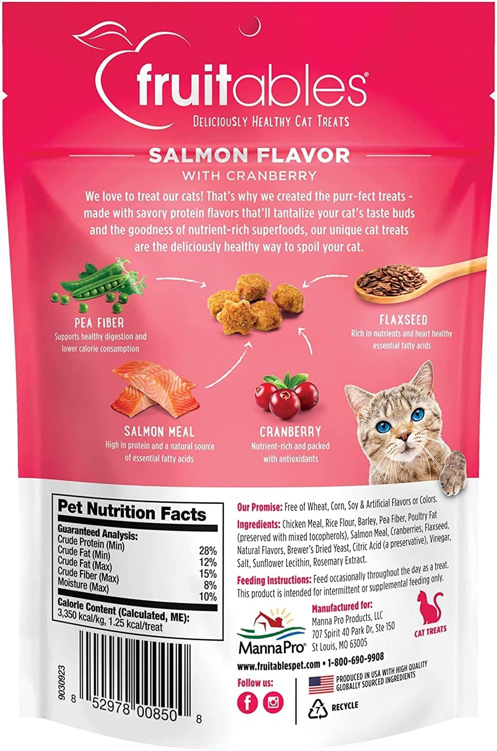 Fruitables Cat Crunchy Treats For Cats – Healthy Low Calorie Packed with Protein – No Wheat, Corn or Soy – Made with Real Salmon with Cranberry – 2.5 Ounces
