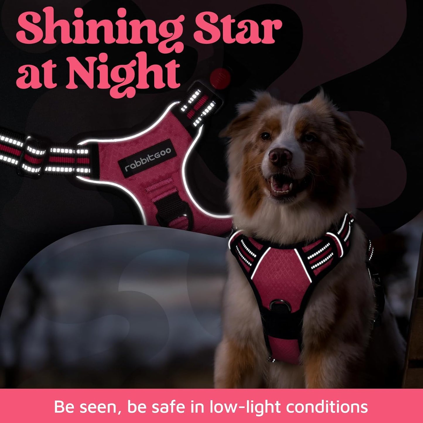 rabbitgoo Dog Harness Medium Sized, No Pull Dog Vest with 3 Buckles, Adjustable Soft Padded Pet Harness with Easy Control Handle and Reflective Strips, Pink, M