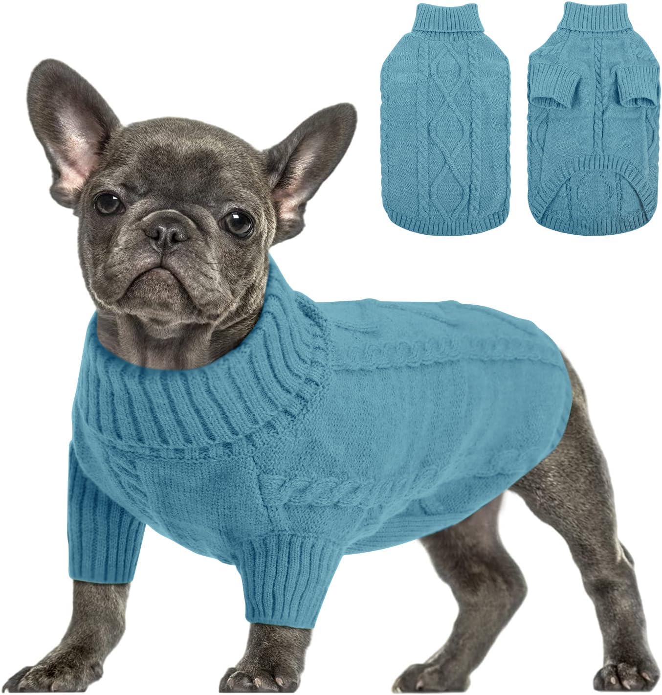 Queenmore Small Dog Pullover Sweater, Cold Weather Cable Knitwear, Classic Turtleneck Thick Warm Clothes for Chihuahua, Bulldog, Dachshund, Pug (Peacock Blue, X-Small)