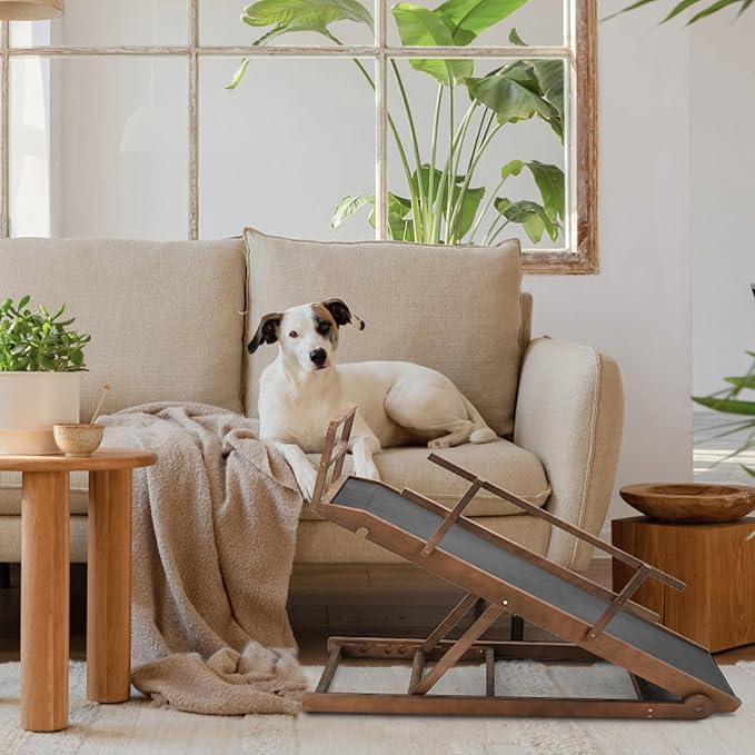 Dog Ramp, 5 Level Adjustable Wooden Folding Pet Ramp for Middle Bed, Couch,SUV-High Traction, Portable Paw Ramps for Small & Large Old Dogs & Cats - Furniture Quality
