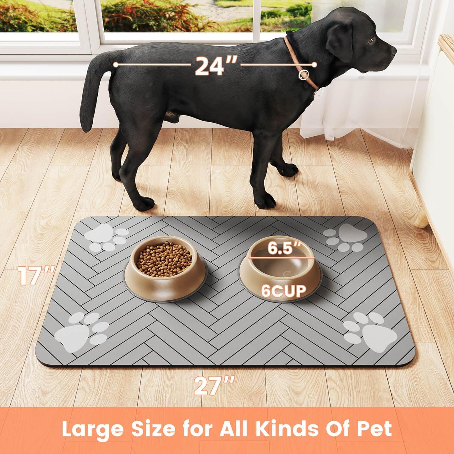 Pet Feeding Mat-Absorbent Pet Placemat for Food and Water Bowl, with Waterproof Rubber Backing, Quick Dry Water Dispenser Mat for Dog and Cat (12"x20", Striped Light Gray)