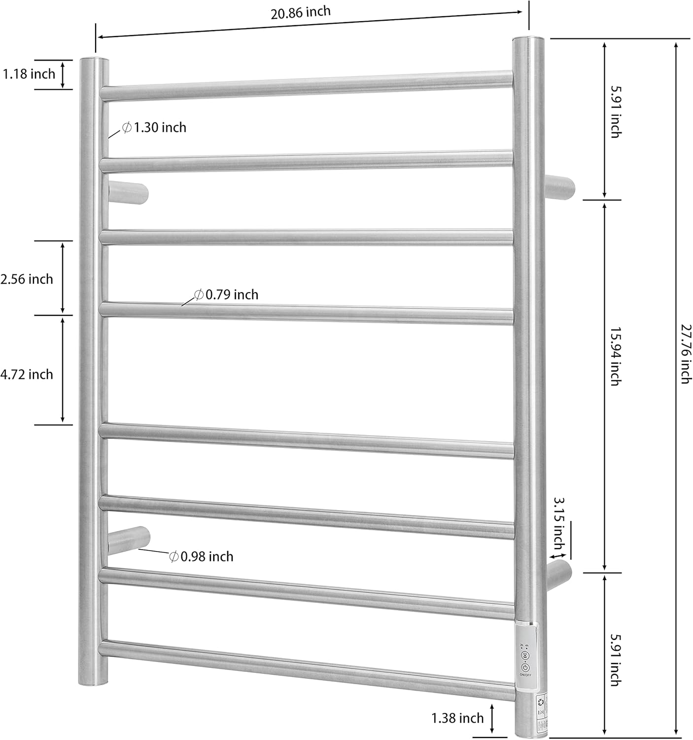 KEG Towel Warmer Wall Mounted with Built-in Timer 8 Bars Electric Stainless Steel Heated Towel Racks for Bathroom, Hot Plug-in Bath Towel Heater Brushed Nickel (TW-8-BN)