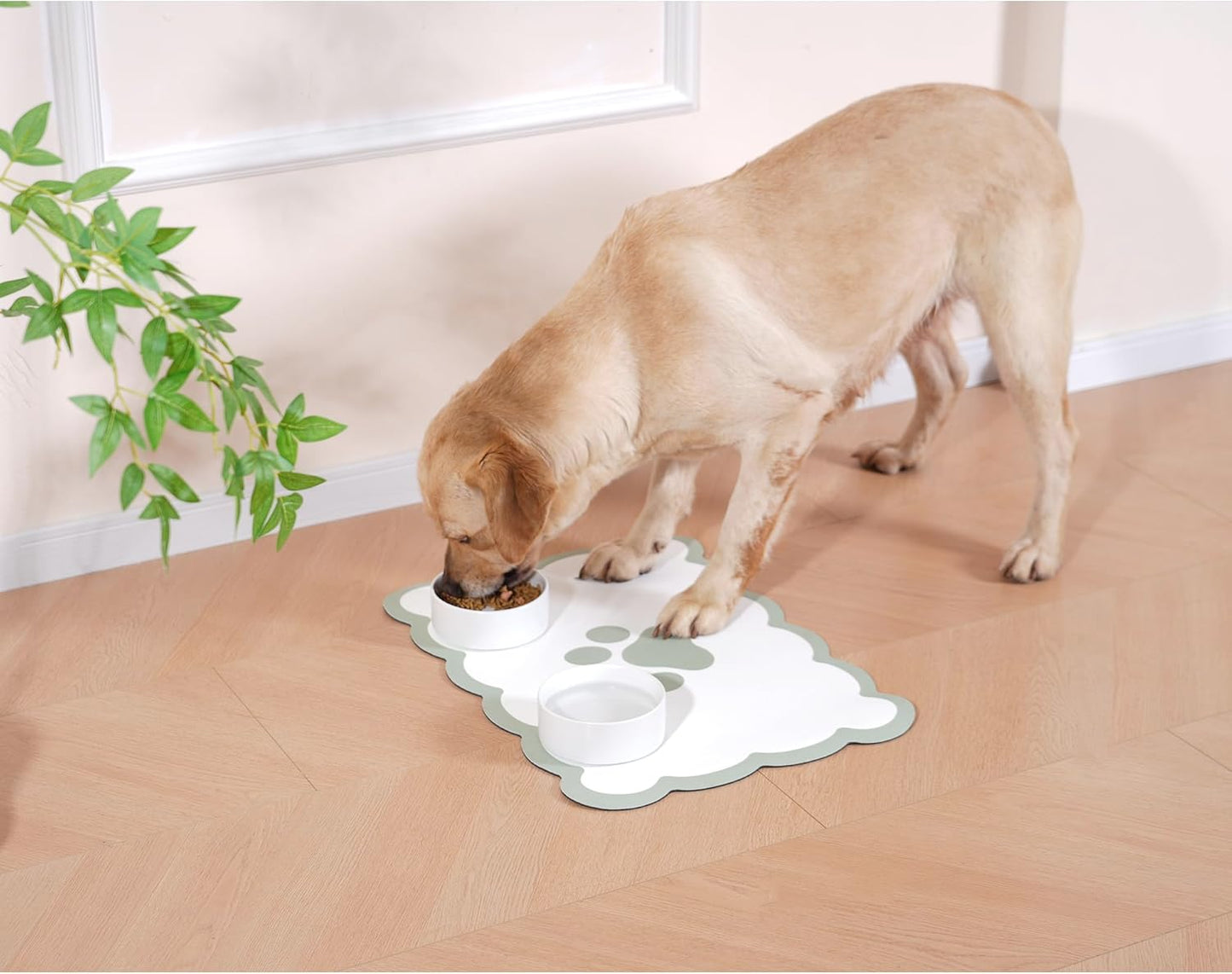 Ralxion Scalloped Dog Feeding Mat, Absorbent Mats for Dog Food and Water Bowl, Dispenser, Cute Elegant Aesthetic Preppy Sage Green Scallop Pet Placemat for Dogs, Cats, Puppy Accessories, 14" X 19”