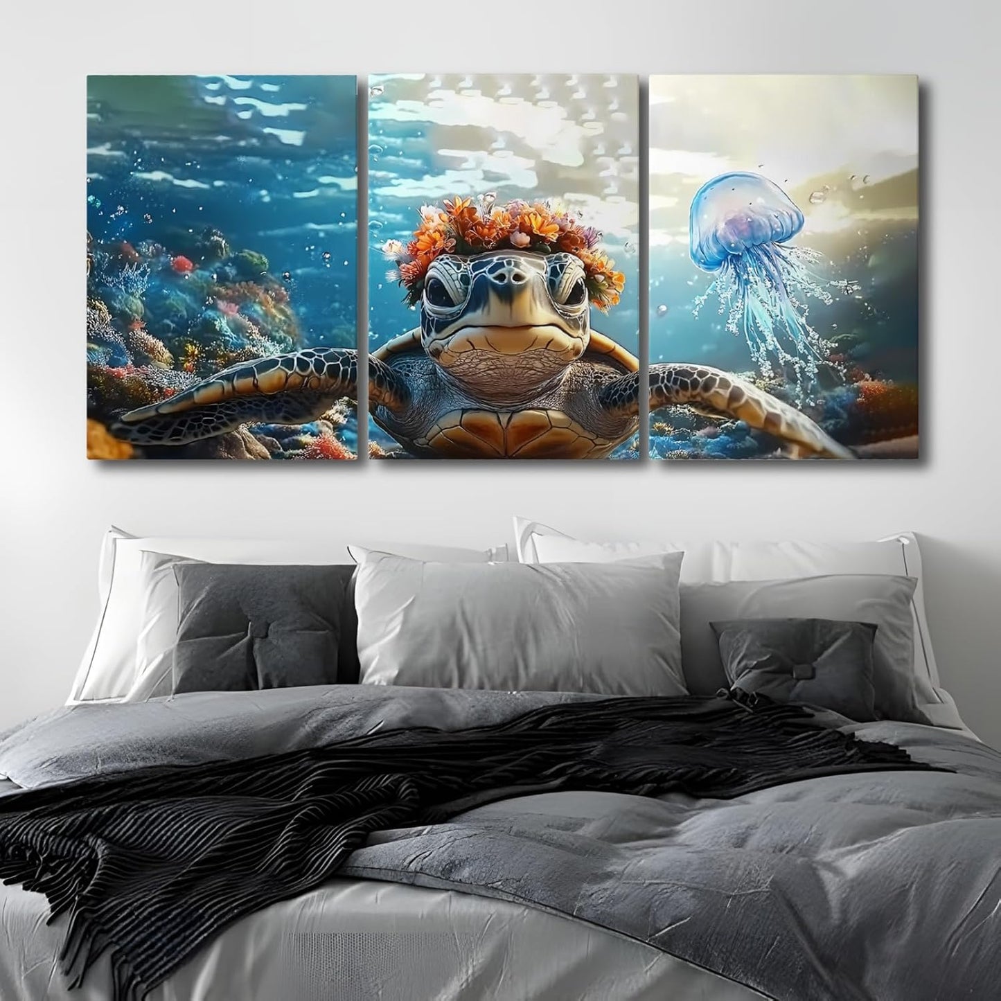 Wivsev Sea Turtle Canvas Wall Art,Under Sea Wall Art,Sea Life Pictures Wall Decor,Ocean Animal Painting for Bathroom,Living Room,Bedroom (24" x 36" x 3 pcs)