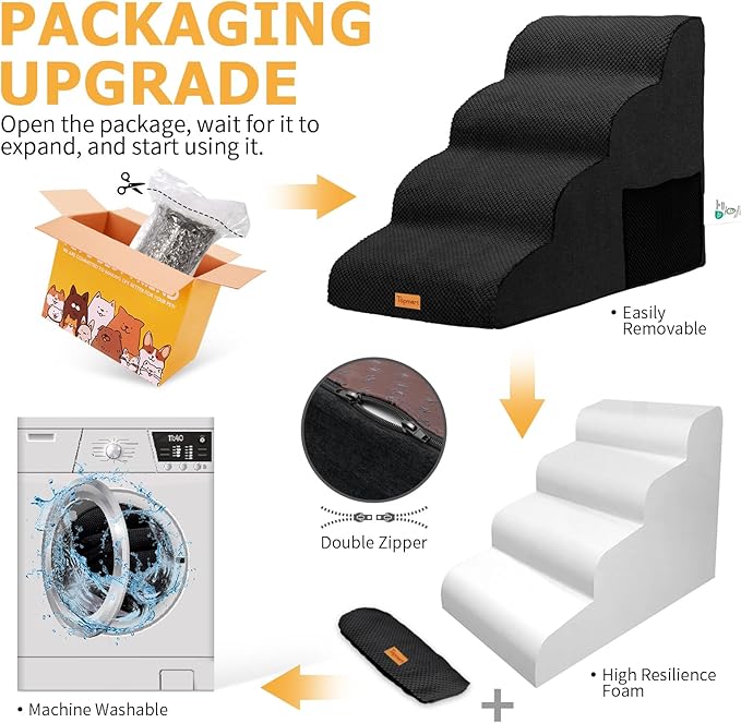 Topmart High Density Foam Dog Steps 4 Tiers,Extra Wide Deep Pet Steps,Non-Slip Dog Stairs Ramp for Bed,Soft Foam Cat Ladder,Best for Older Injured,Older Pets,Cats with Joint Pain