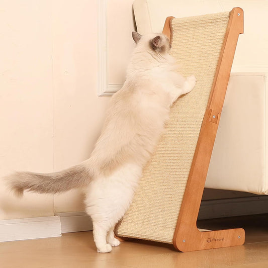 L-Shaped Cat Scratching Post - Beechwood Base, 28.5" Natural Sisal Woven Cat Scratch Pad, Durable Cat Scratcher, Furniture Protector for Cats' Clawing and Play