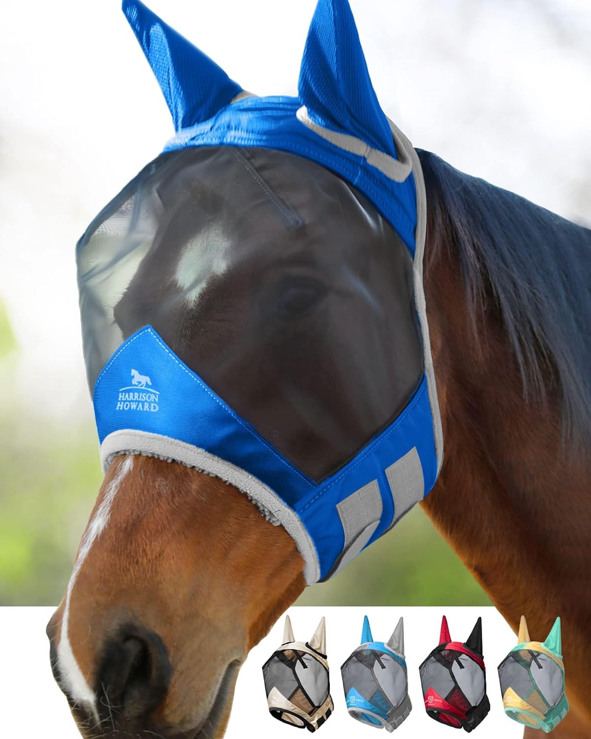 Harrison Howard Pro Luminous Horse Fly Mask Standard with Ears UV Protection for Horse Signature Blue Large Full Size