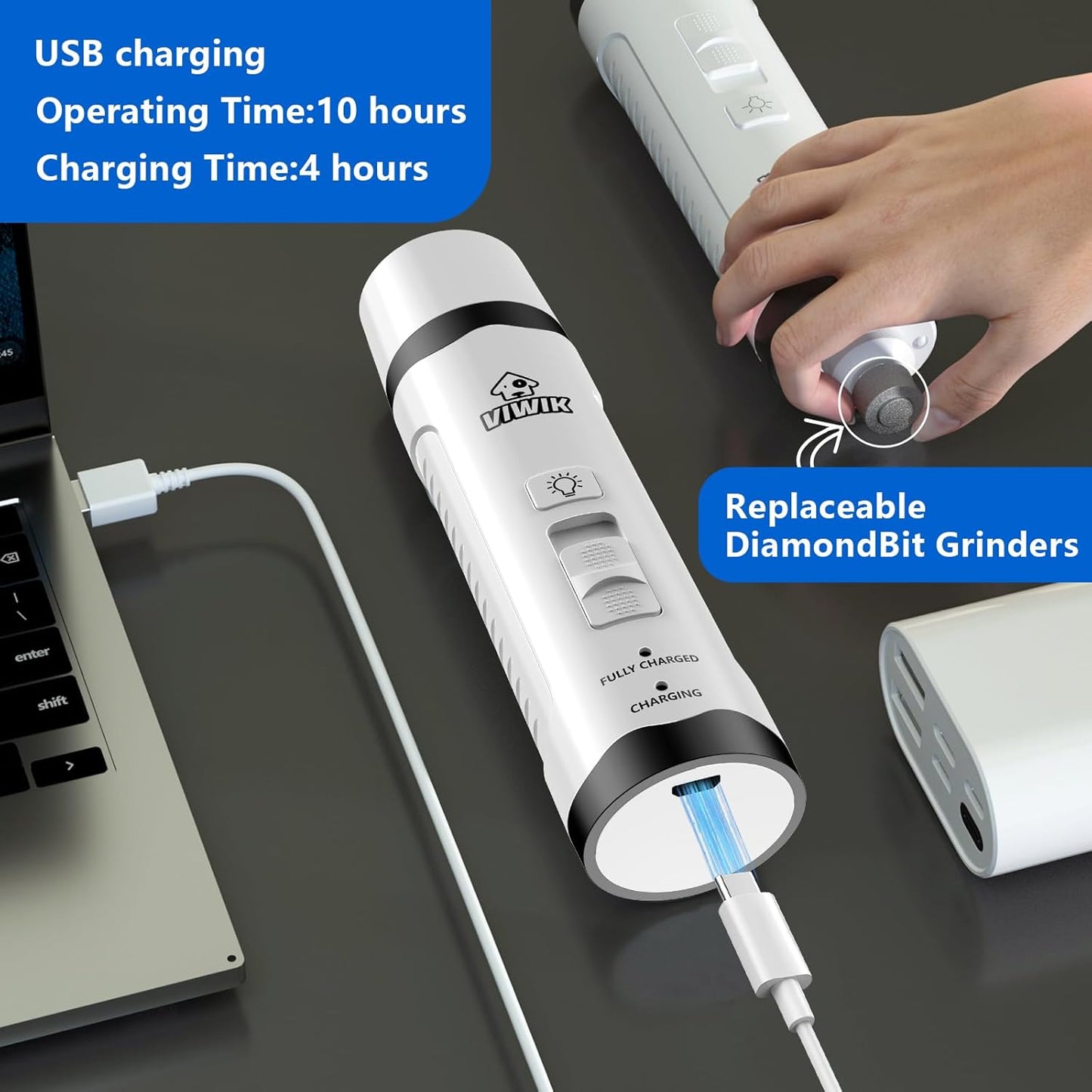 VIWIK Dog Nail Grinder with 2 LED Light, Dog Nail Trimmers, Quiet Dog Nail Clippers Kit for Large Medium Small Dog's Paw & Cat's Claw, Electric 2-Speed Pet Toenai Grinder, Gifts for Dog Lovers