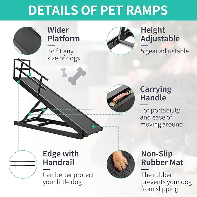 Dog Ramp, 5 Level Adjustable Height Folding Pet Ramp for High Bed, Portable Paw Ramps Large Bed Ramp for Medium & Large Old Dogs & Cats - Natural Wood Furniture Quality