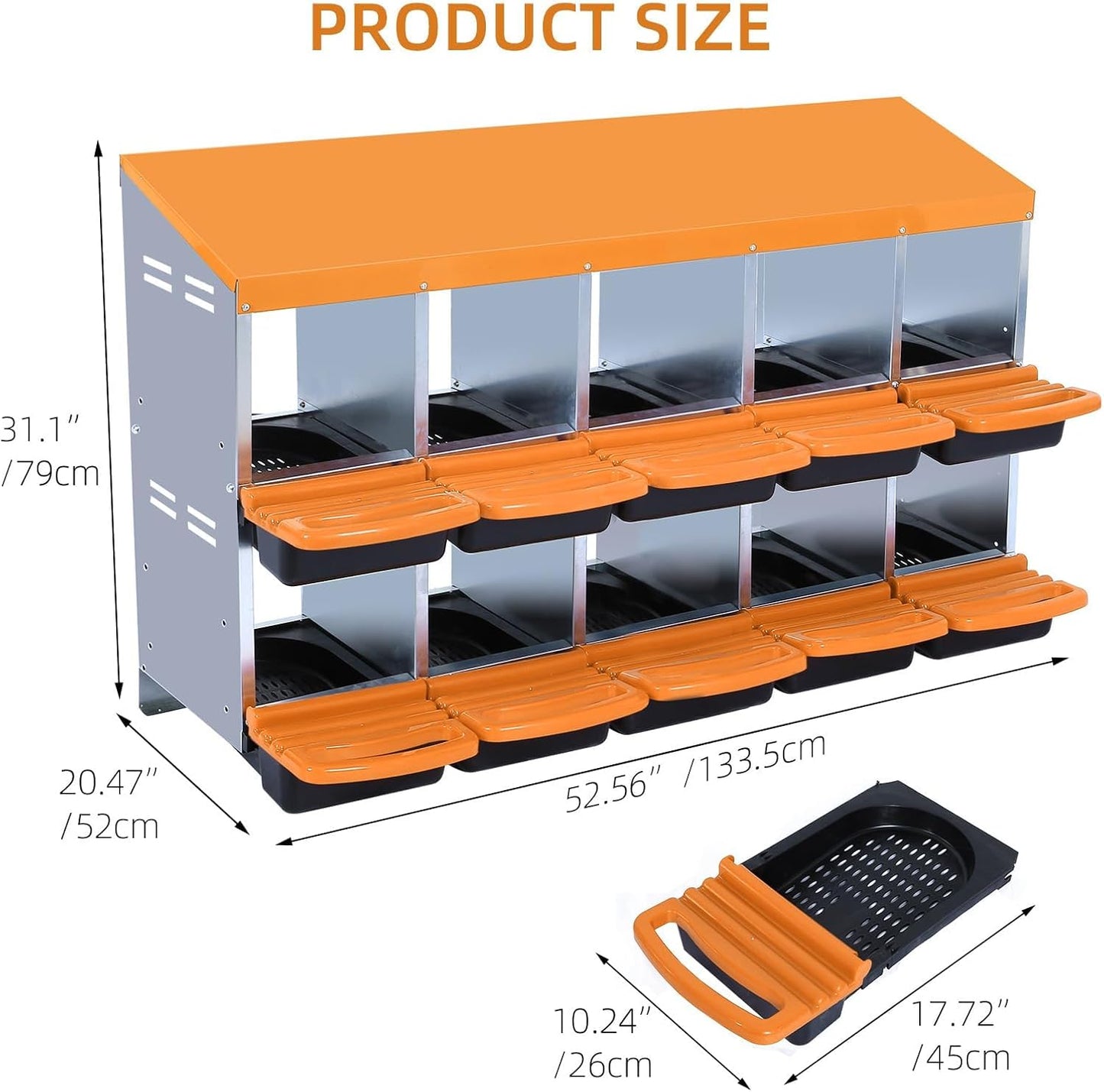 Chicken Nesting Boxes, 10 Hole Metal Chicken Laying Box with with Removable Trays and Roll Out Egg Collection for Chicken Coop, Orange