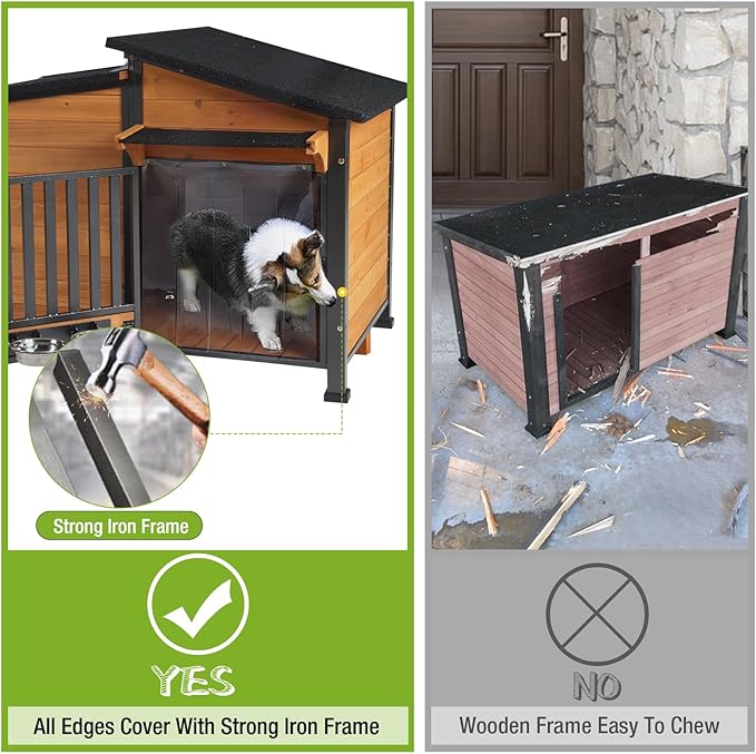 GUTINNEEN Dog House Outdoor Dog Kennel with Chew-Proof Metal Frame, Rotating Food Bowl, PVC Door Curtain, Weatherproof for Small Medium Dogs, 39.7" L x 25.5" W x 32.2" H (Dark Brown)