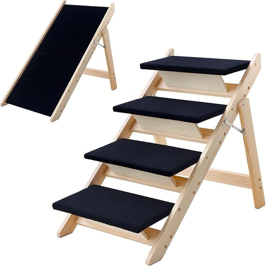 Wood Dog Stairs/Pet Steps, 2-in-1 Foldable Wooden Pet Ramp with Non-Slip Pet Stairs for Small to Medium for Bed,Sofa, Couch, Car, Indoor Pet Dog Cat 4 Steps Stairs Ladder Up to 110 Pounds