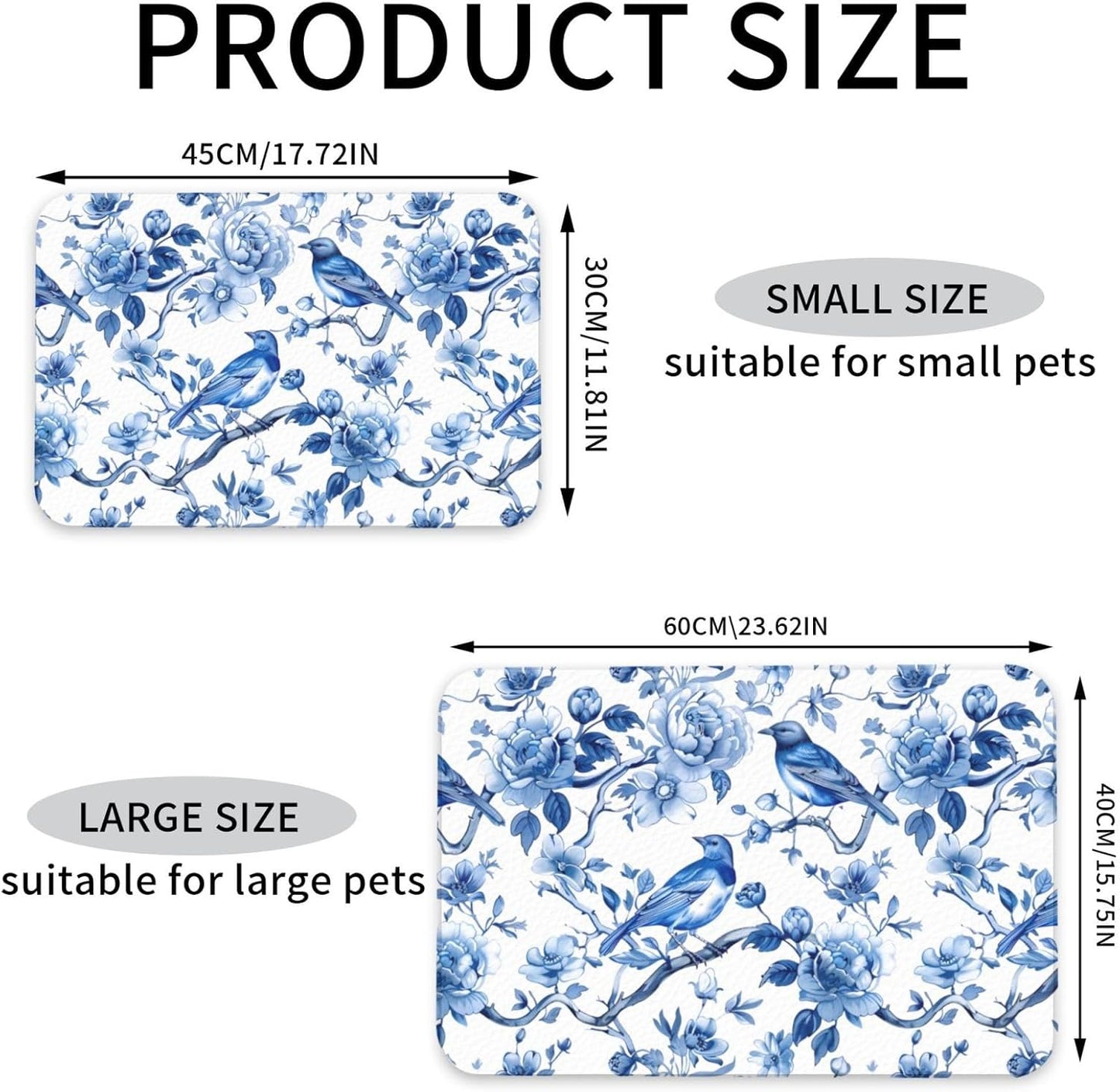 Chinoiserie Floral Birds Dog Food Mat Absorbent Bowl Mats No Stains Quick Dry Waterproof Pet Cat Placemats for Food and Water, 30x45cm