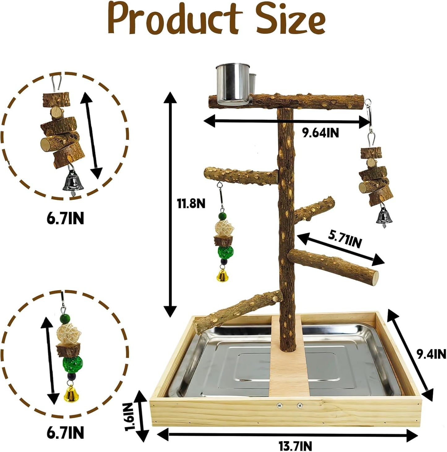 Tfwadmx Bird Perch Natural Wood Stand Toy Parrot Play Stand Platform Bird Cage with Removable Tray and 2 Stainless Steel Cups for Parakeets Canaries Cockatiels Conure Lovebirds
