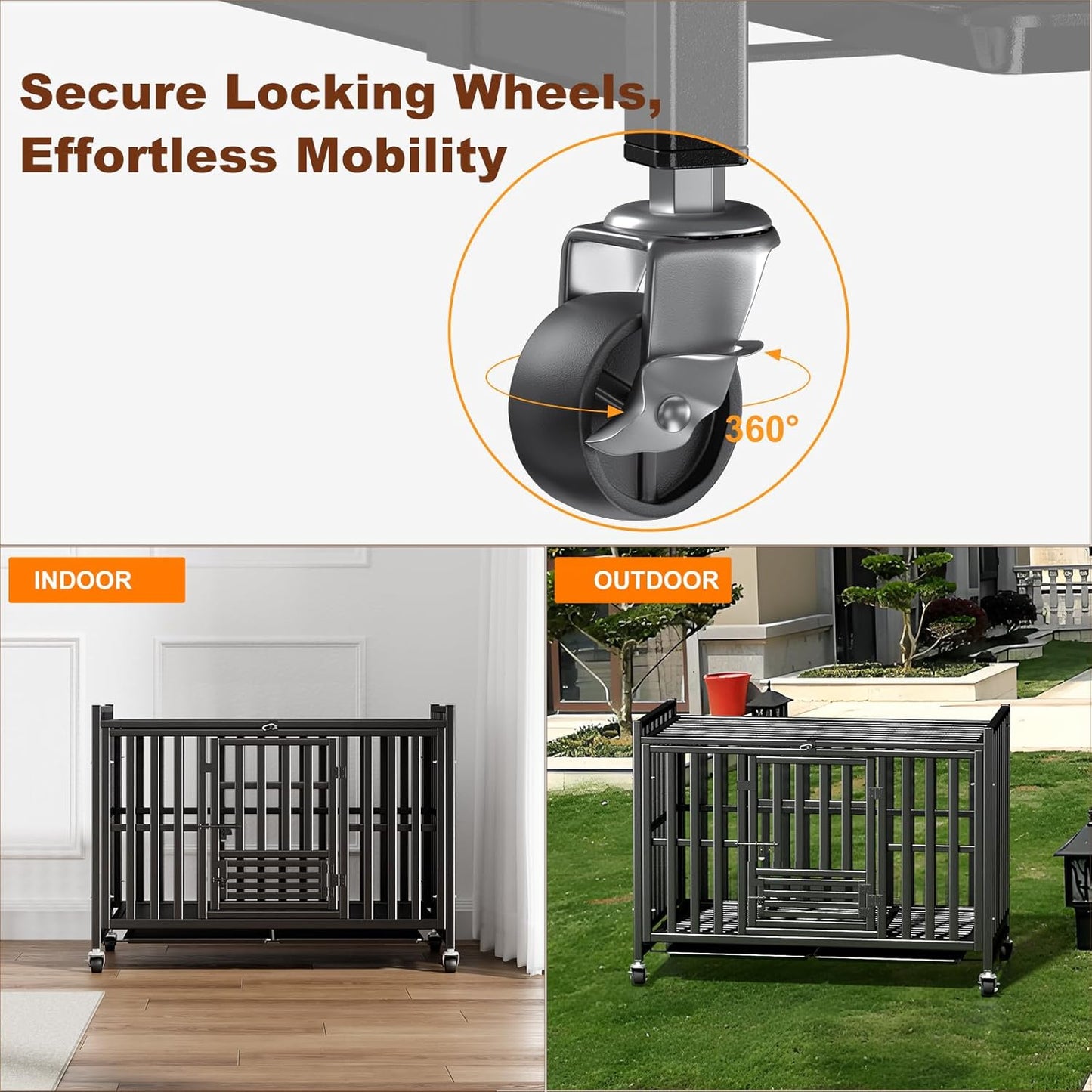 42 inch Heavy Duty Dog Crate, Upgraded Thickened Steel Frame Indestructible Kennel for Large & High Anxiety Dogs, Escape Proof Design with 3 Doors, 4 Lockable Wheels and 2 Removable Trays