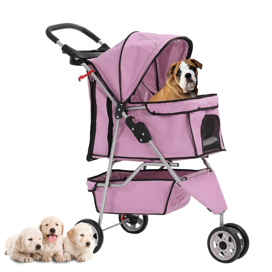 Dog Stroller,3 Wheels Travel Folding Pet Stroller for Small Medium Dog Cat Jogger Stroller with Storage Basket Removable Liner Pink