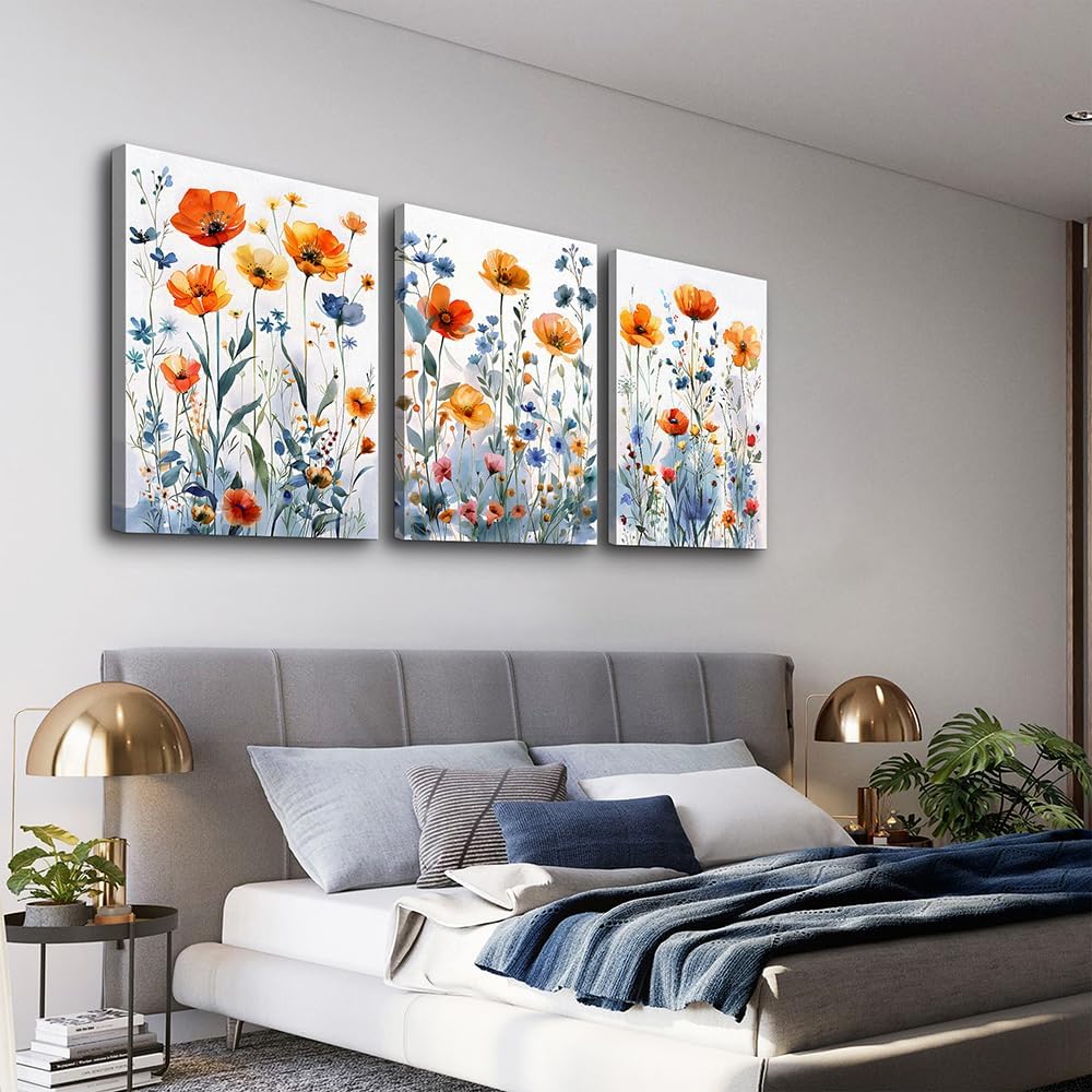 TTHYUEWS Boho Wall Art for Living Room Canvas Wall Decor for Bedroom Modern Wall Decorations For Dining Room Family Wall Pictures Artwork Flowers Watercolour Paintings Posters Home Decor 3 Piece