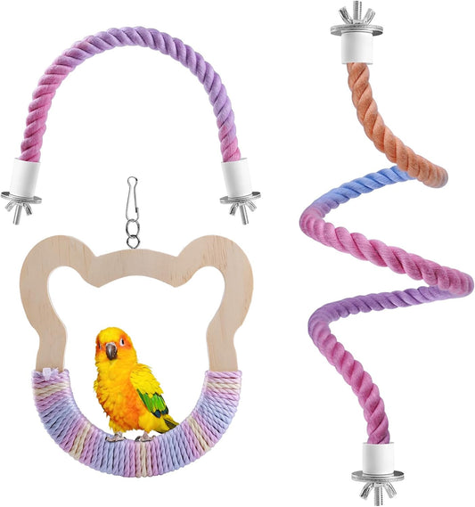 3 Pcs Gradient Bird Perching Rope Set, Bendable Bird Perching Rope for Parrot Cage, Gradient Wooden Birds Swing, Standing Climbing Toys for Parrots, Lovebirds, Budgies and Larks