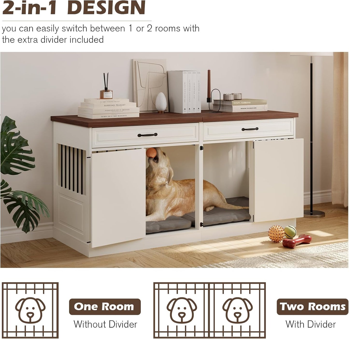 Large Dog Crate Furniture - Wooden Indoor Dog Kennel Furniture for 2 Dogs with 2 Drawers and Removable Divider, Heavy Duty Dog Crate Table, 63" L x 23.6" W x 31.5" H, White