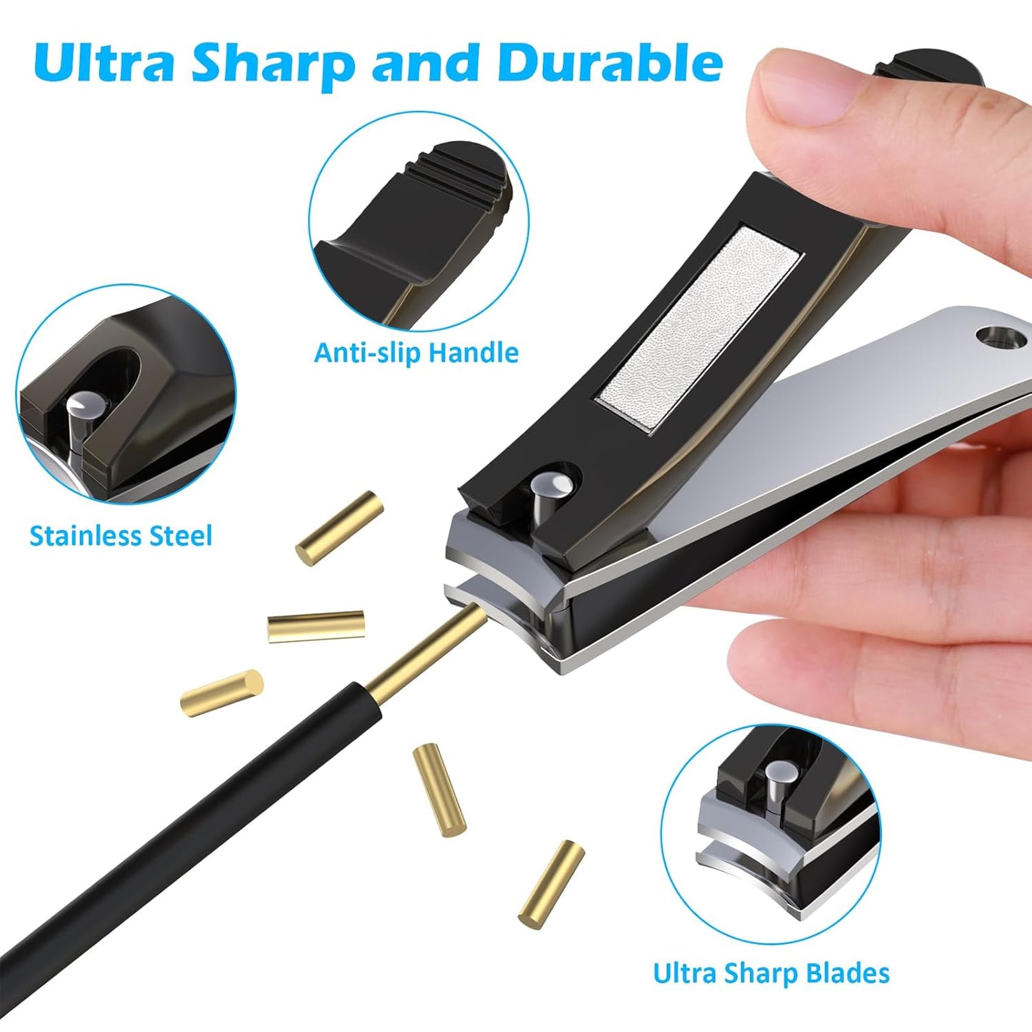 GLAMFIELDS 3pcs Nail Clippers Set, Black Stainless Steel Slanted Edge Nail Clipper & Fingernail & Thick Toenail Trimmer for Men and Women