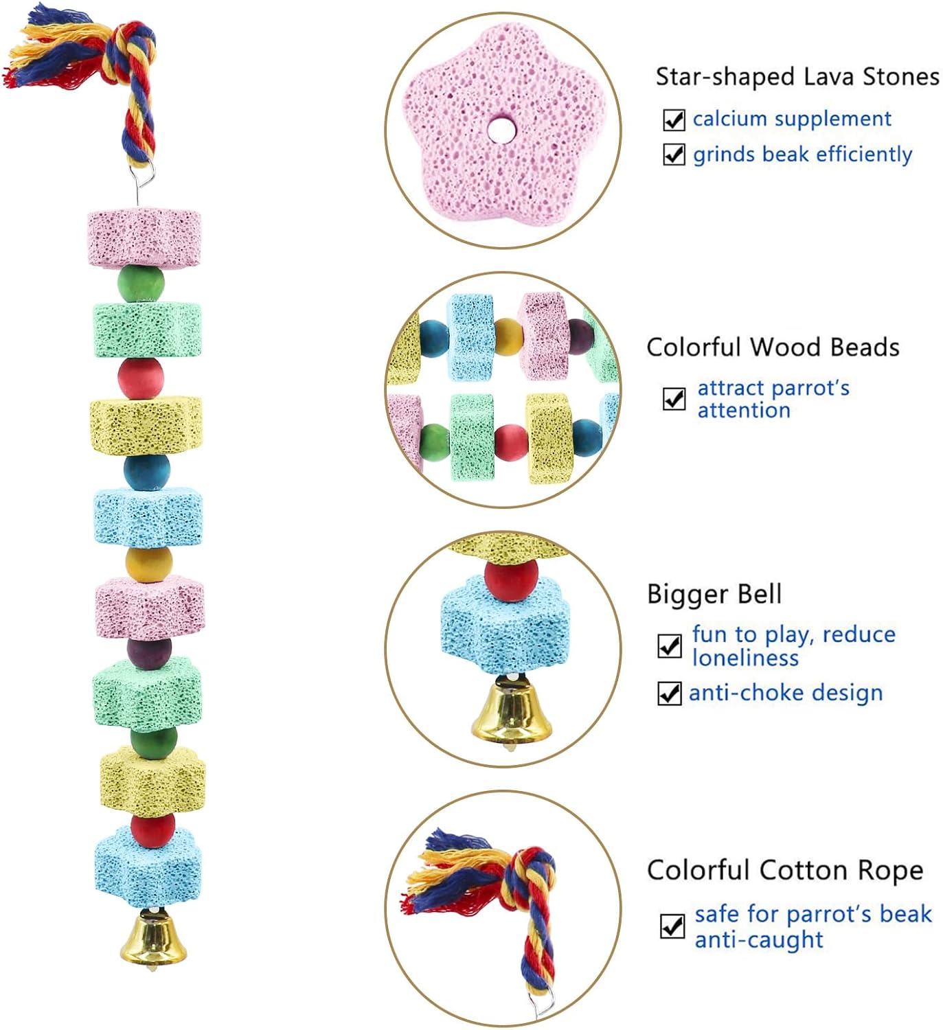 2 Pack Mineral Block Chew Toys with Colorful Beads and a Bell, Bird Beak Grinding Stone, Cage Accessories for African Grey, Budgies, Cockatiels, Small to Medium Birds