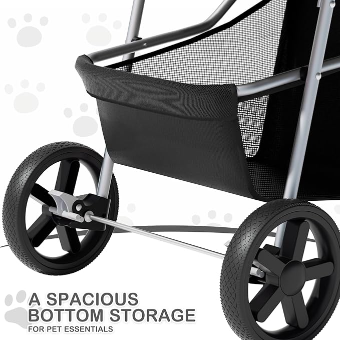 MoNiBloom Foldable Pet Stroller with Weather Cover, 3 Wheels Pet Strolling Cart for Small/Medium Dogs and Cats with Storage Basket and Cup Holder, Breathable and Visible Mesh for All-Season, Black