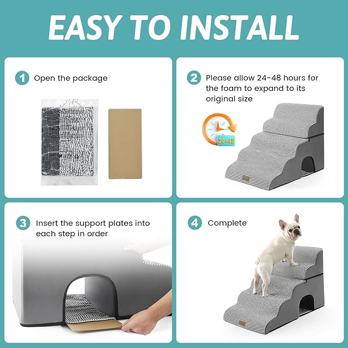 Wide Dog Stairs with Tunnel, Foam Detachable Large Dog Step for Small Pet, Puppy or Cats, Medium Pet Ramp for High Bed, Couch, Sofa or Car, 19.7x33x22.4 inch, 5 Step, White Black