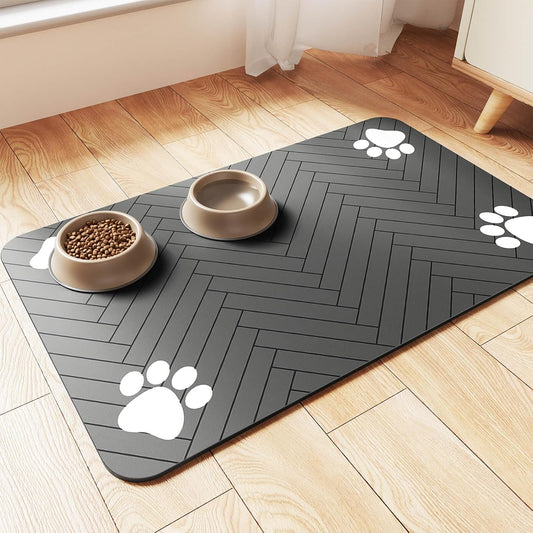 Pet Feeding Mat-Absorbent Pet Placemat for Food and Water Bowl, with Waterproof Rubber Backing, Quick Dry Water Dispenser Mat for Dog and Cat (16"x24", Striped Dark Gray)