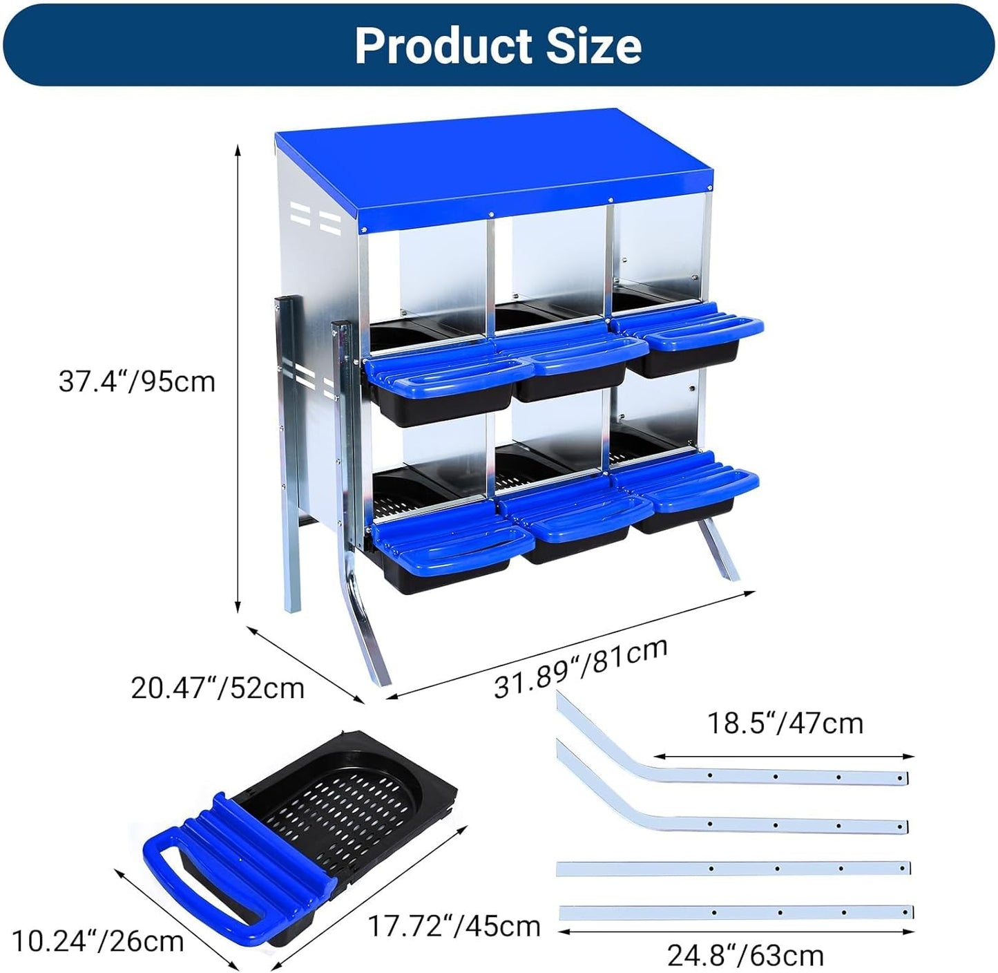 Chicken Nesting Boxes, 6 Hole Metal Chicken Laying Box with with Removable Trays and Roll Out Egg Collection for Chicken Coop, with Metal Bracket, Blue