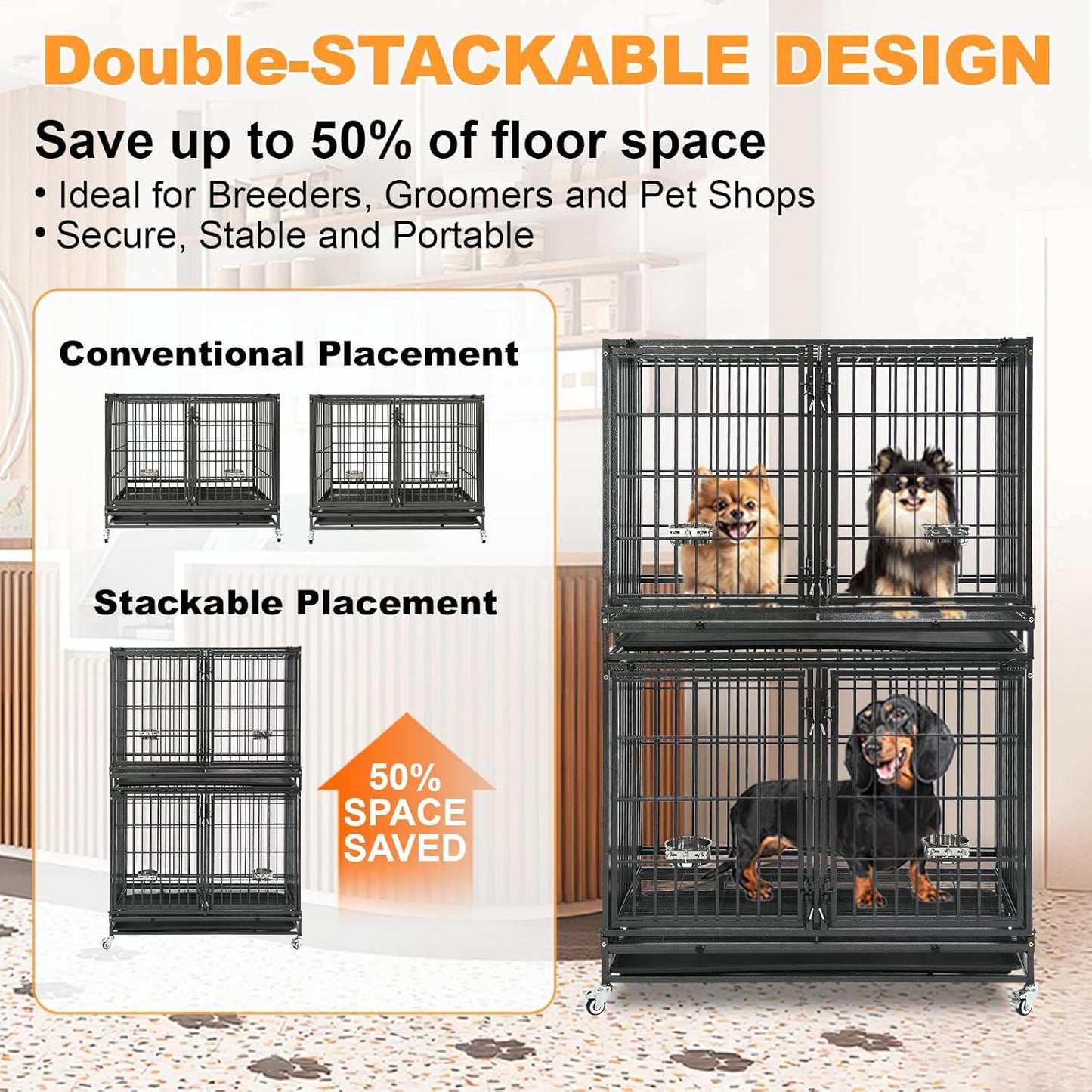 Homey Pet 43/48/37 inch Stackable Heavy Duty Dog Crate Cage on Wheels with Divider, 2X Steel Bowls, 4X Lockable Wheels, Tray, Indestructible Escape Proof Lager Dog Kennel Indoor