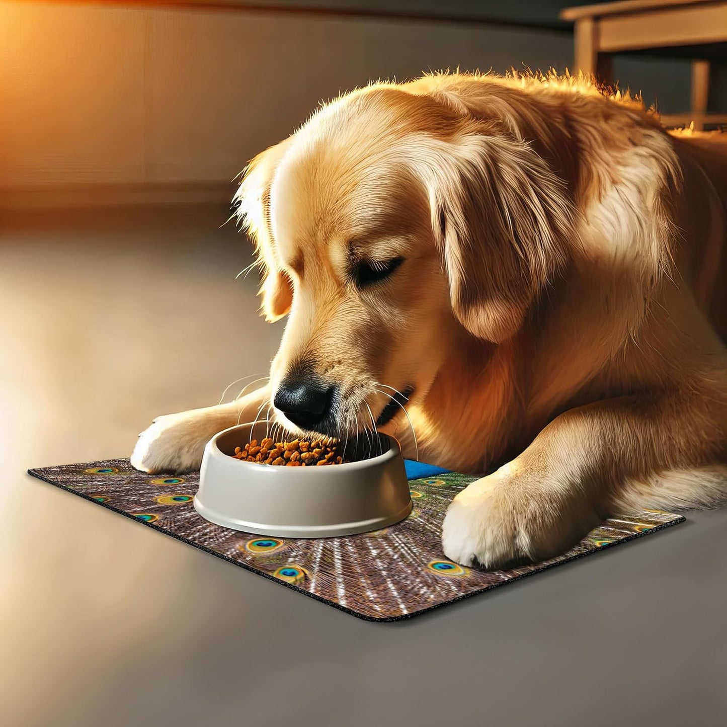 Lunarable Peacock Pet Mat for Food and Water, Peacock Displaying Feathers Vibrant Colors Eye Shaped Patterns Picture, Non-Slip Rubber Mat for Dogs and Cats, 18" X 12", Mustard Brown