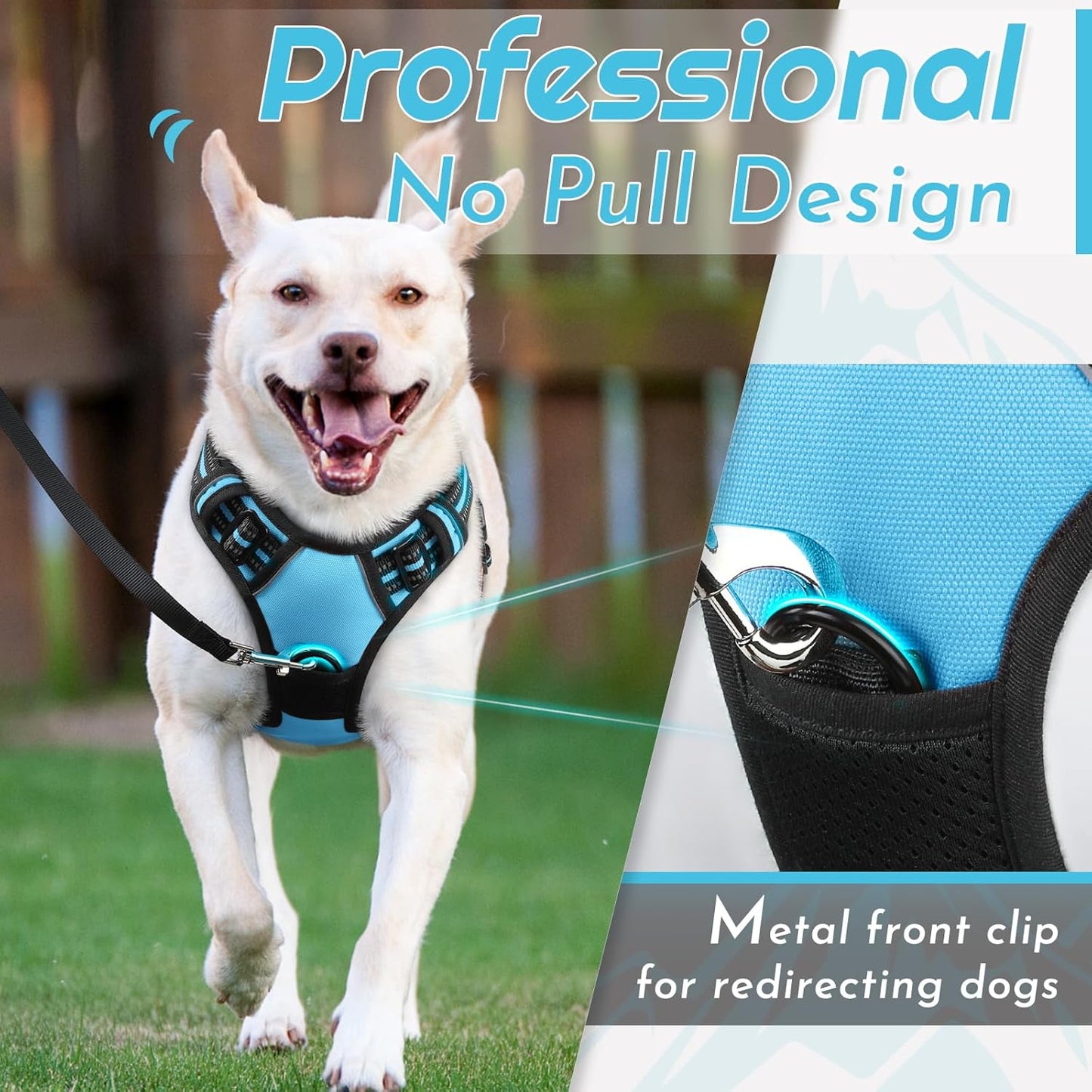 Eagloo Dog Harness Large Breed, No Pull Service Vest with Reflective Strips and Control Handle, Adjustable and Comfortable for Easy Walking, No Choke Pet Harness with 2 Metal Rings, Sky Blue, XL