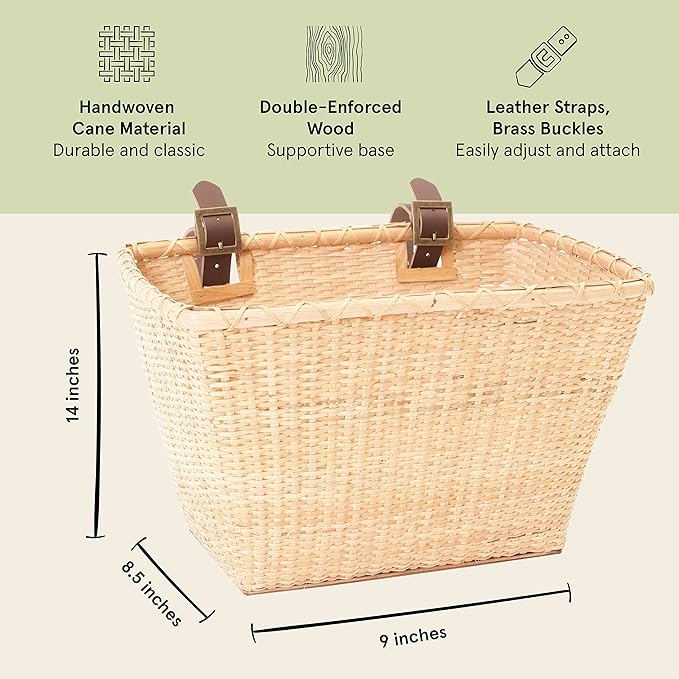 Retrospec Bicycles Cane Woven Rectangular Toto Basket with Authentic Leather Straps and Brass Buckles