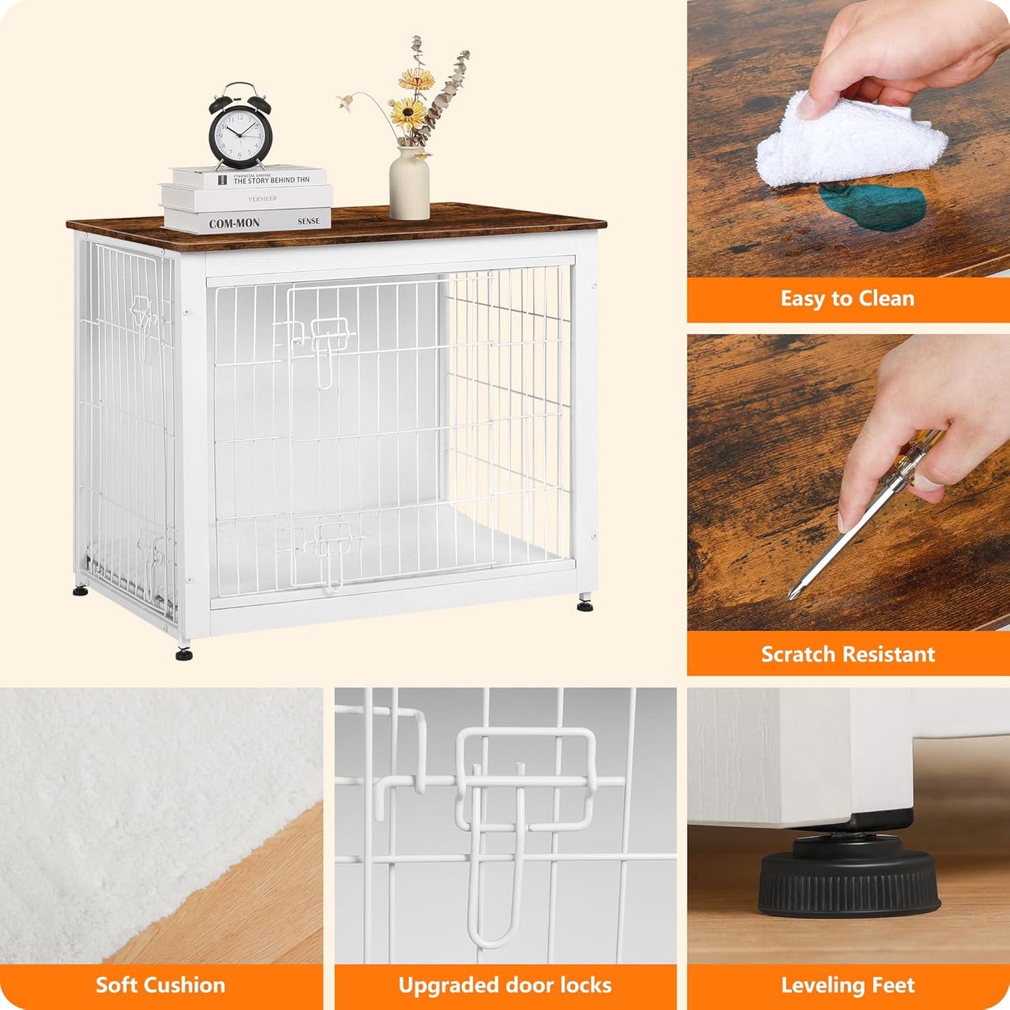 DWANTON Dog Crate Furniture with Cushion, Wooden Kennel Table with Double Doors, Indoor Dog House, Medium Size, 32.5" L, White+Rustic Brown