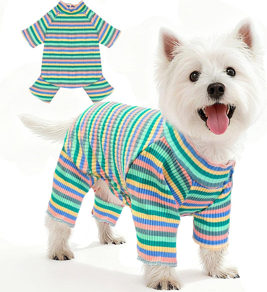 BAEJMJK Striped Dog Pajamas Stretchy Cute Four-Legged Boy Girl Dog Clothes with Sleeves Comfortable Dogs Jumpsuit Colorful Pet Puppy Outfits Apparel for Small Medium Dogs Cats(Green,X-Small)