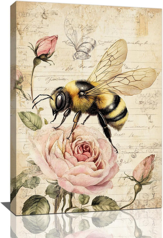 Rustic Bee Bathroom Pictures Wall Art, Vintage Floral Bathroom Wall Decor, Pink Rose Flower Framed Painting Canvas Artwork for Bedroom Living Room Decorations 24"L x 16"W