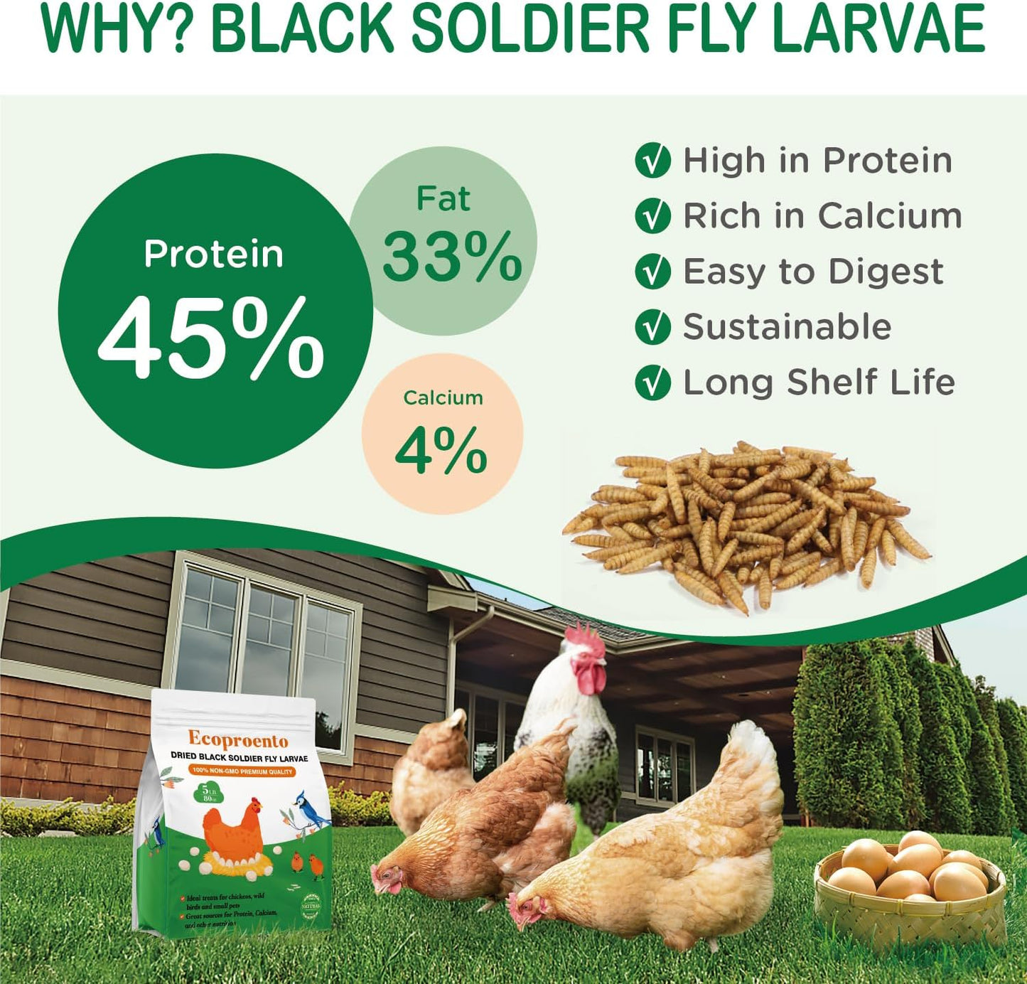 Ecoproento Dried Black Soldier Fly Larvae 2LB - High Calcium Chicken Feed - 85X More Calcium, High Protein Non-GMO Mealworms for Wild Birds, Ducks, Turkeys, Quails, Turtles, Chickens Treats