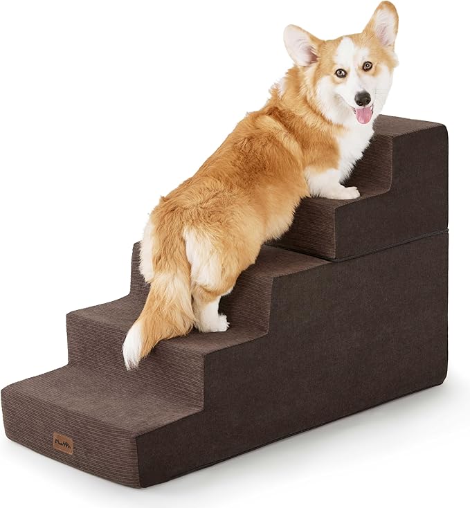 Made4Pets Dog Stairs for High Bed, Extra Wide Pet Stairs for Bed Couch Sofa, 35D Foam Pet Steps for Small Dogs and Cats, Non-Slip Bottom Dog Steps, Brown, 5 Steps