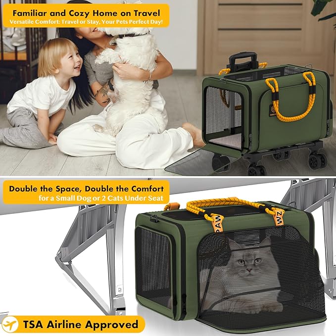 PAWZIDEA Pet Carrier with Wheels, 18x11x11 TSA Airline Approved Cat Carrier for 2 Cats Under Seat, Expandable Soft-Sided Dog Carrier for Small Dogs Rolling Travel Bag with Telescopic Handle, Foldable