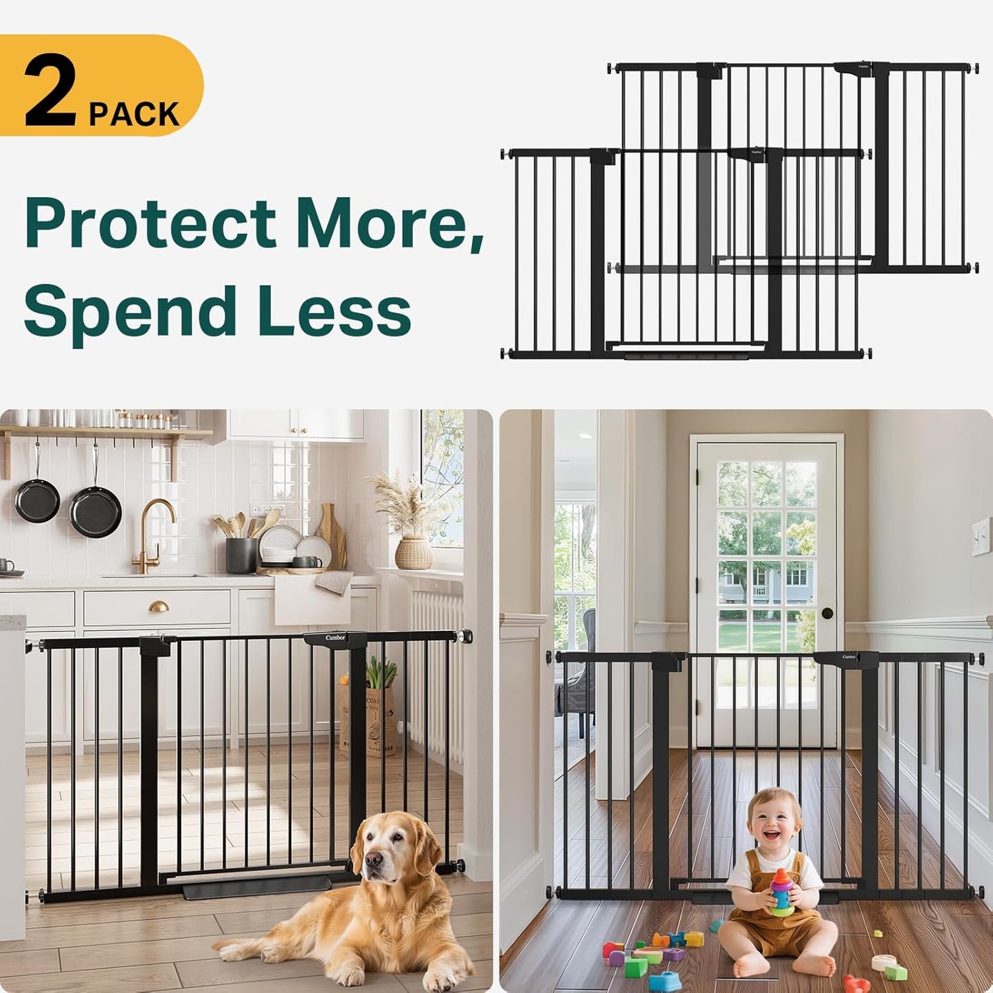 Cumbor 2 Pack 29.7-54.2" Baby Gate for Stairs, Mom's Choice Awards Winner-Auto Close Dog Gate for doorways, Easy Install Pressure Mounted Pet Gate Indoor, Walk Thru Wide Safety Gate for Dog, Black