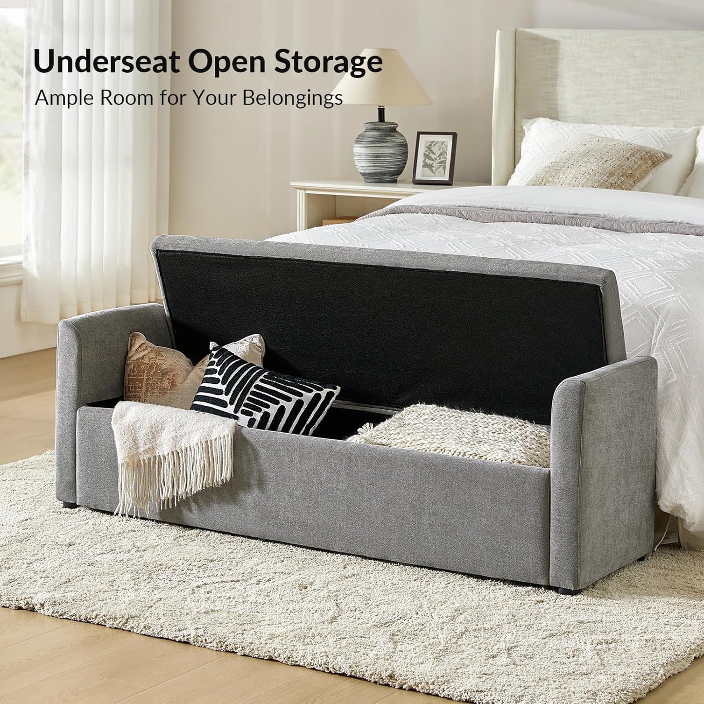HULALA HOME Modern Storage Bench with Throw Pillows, 59.4" Extra Long Bedroom Ottoman Bench for End of Bed, Comfy Upholstered Footstool for Living Room Dining Room Entryway, Grey