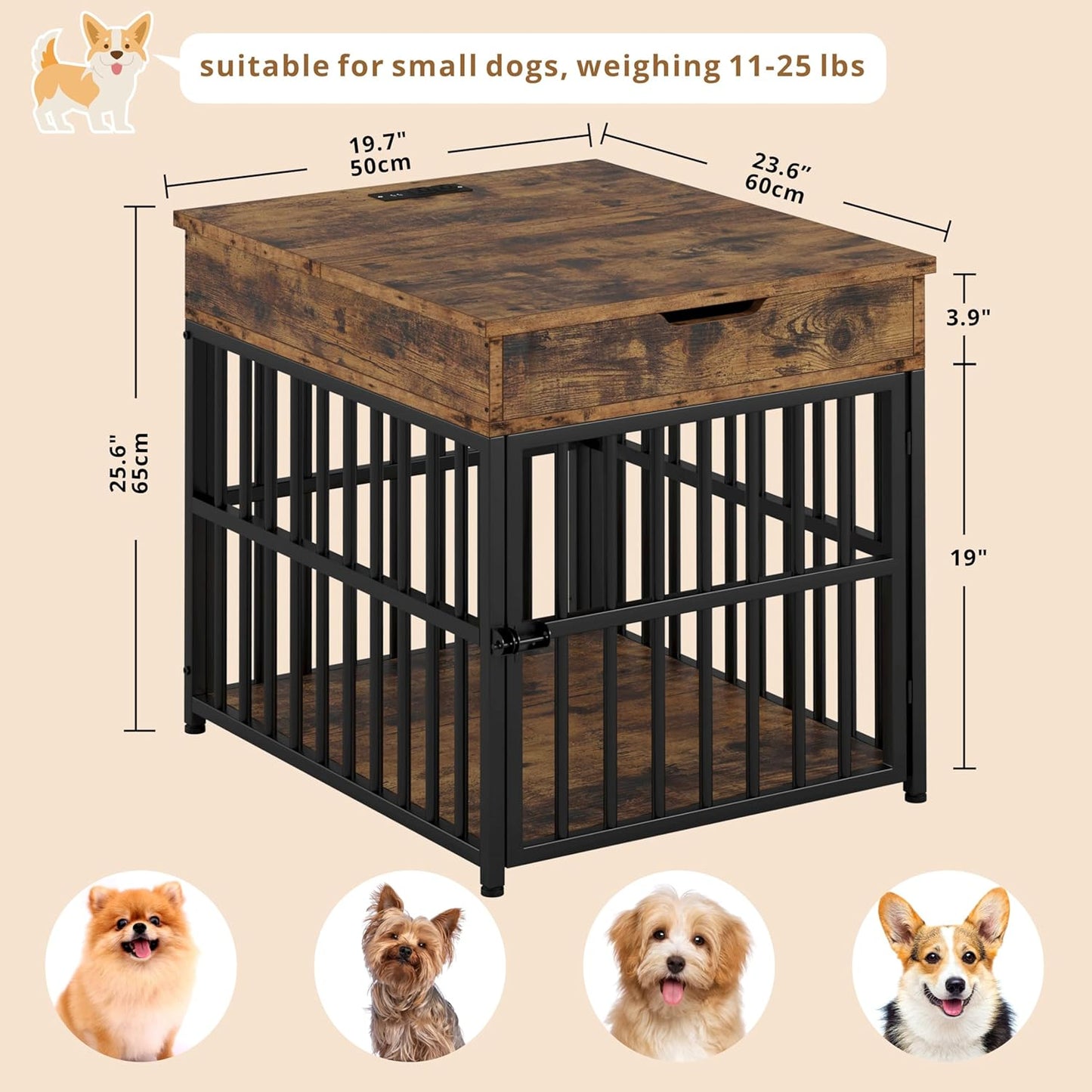 IRONCK Dog Crate Furniture for Small Dogs, Wooden Dog Kennel with Flip Top Drawer, Indoor Pet Crate End Table with Charging Station, Steel-Tube Dog Cage, Rustic Brown