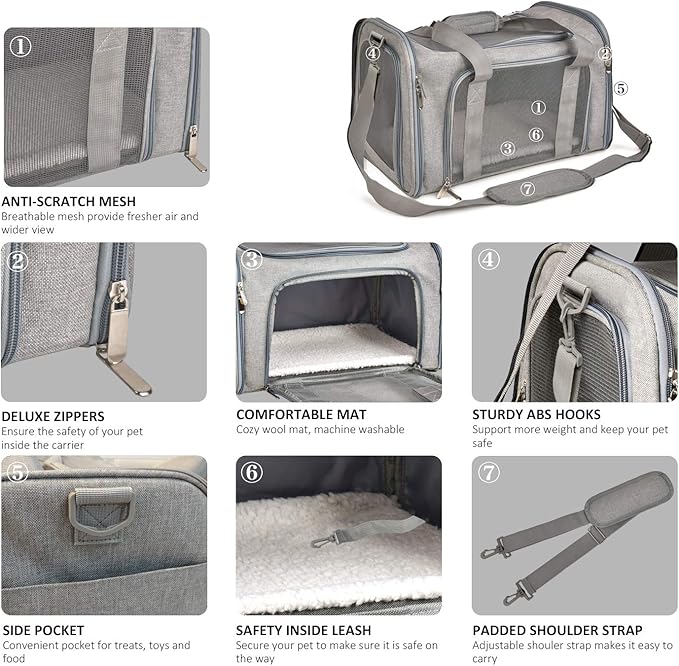 Large Dog Cat Carriers Puppies up to 25Lbs, Big Dog Carrier Soft Sided, Collapsible Travel Puppy Carrier - Large - Grey