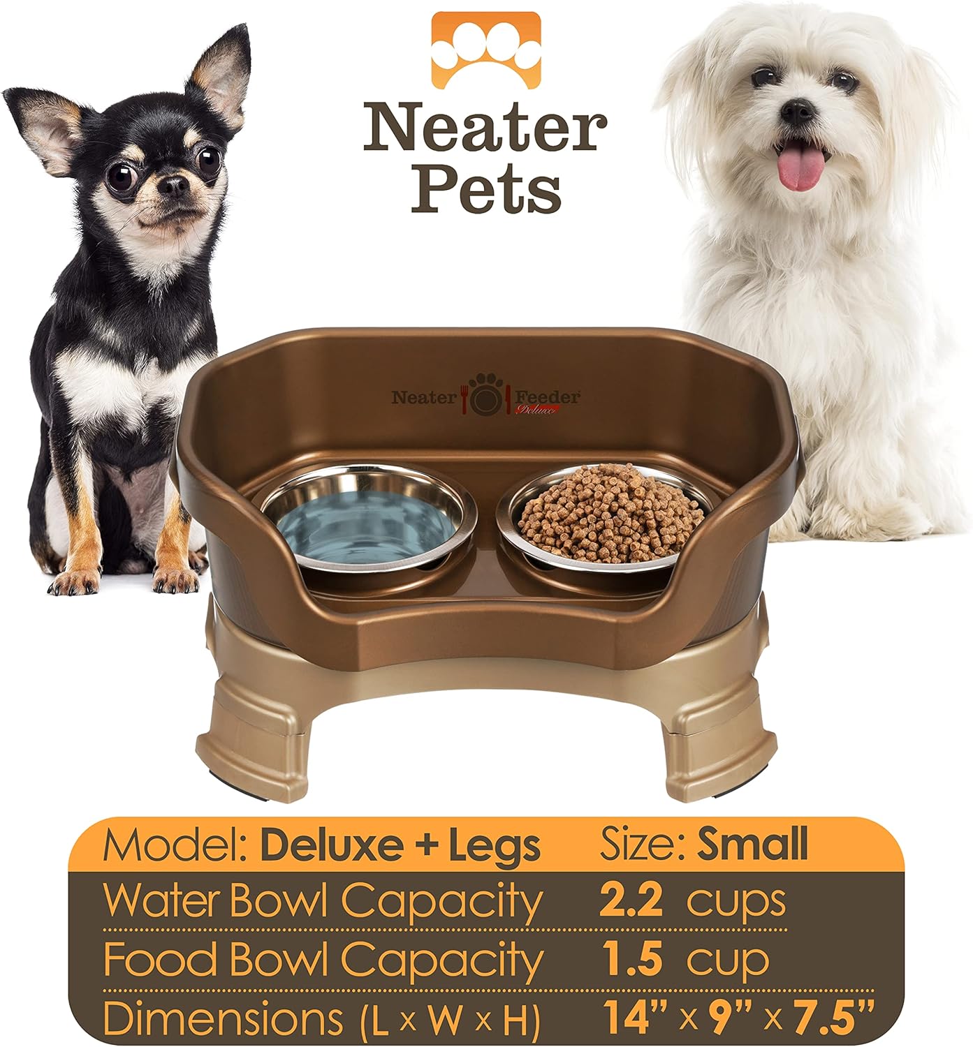 Neater Feeder Deluxe Mess Proof Dog Bowls Elevated for Small Breeds – Made in USA – No Spill Raised Dog Food Bowl Stand w/Leg Extensions – Stainless Steel Dog Food and Water Bowl Set – Bronze