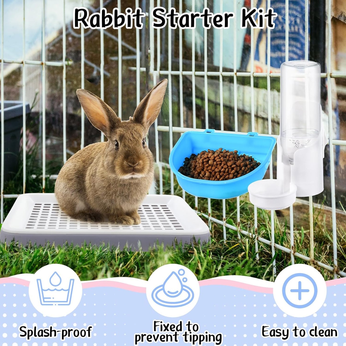 19 Pcs Rabbit Starter Kit Small Bunny Litter Box Animal Grooming Kit Water Bottle Bunny Toys Hay Feeder Bowl Blankets with Cleaning Set for Guinea Pig Rabbit Accessories