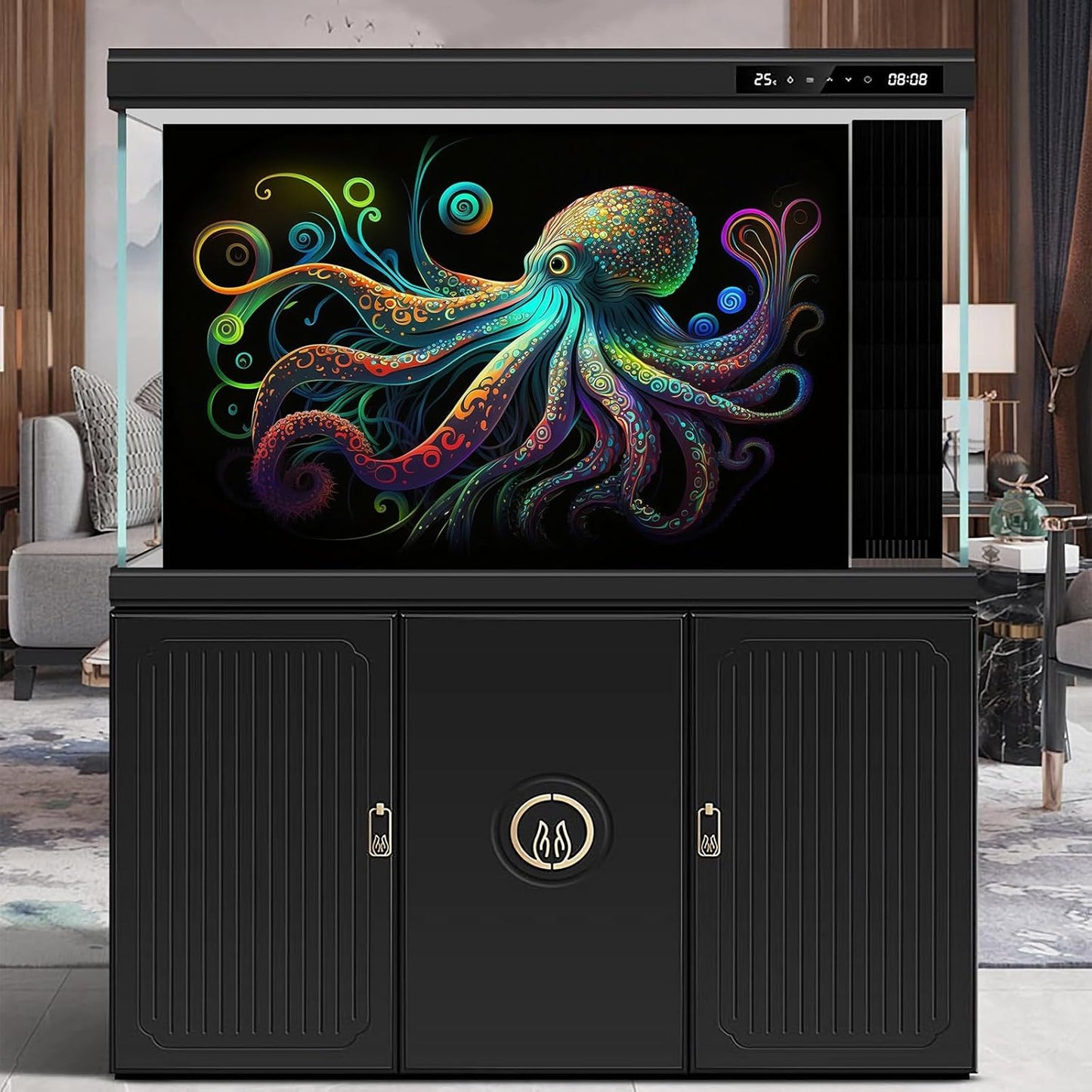 Octopus Aquarium Background Exquisite Colorful Octopus Terrarium Background Glowing Octopus on Black Background Fish Tank Backdrop Octopus Backdrops Poster Wallpaper Decorations Vinyl 72x16in
