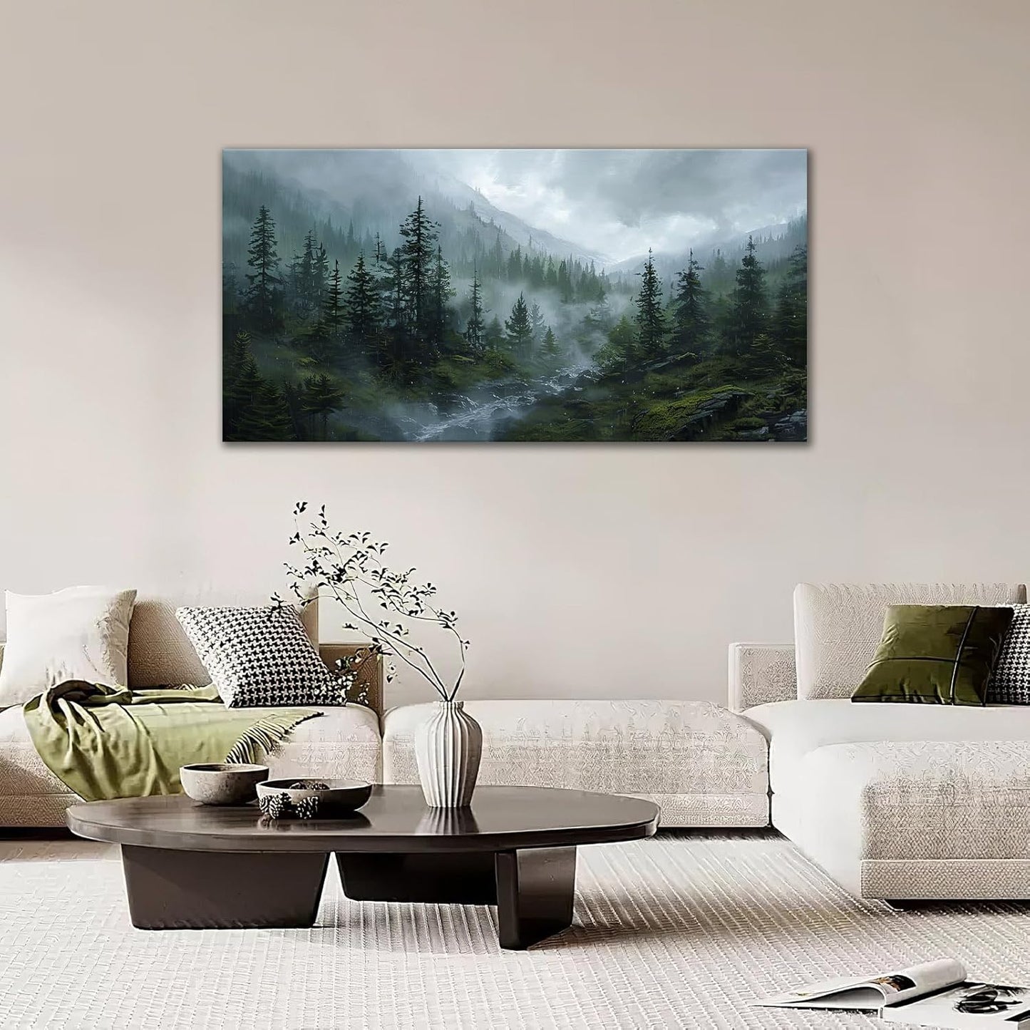Large Forest Wall Art Nature Misty Mountain Canvas Living Room Tree Landscape Pictures Framed Prints Oversize Wall Decor Painting Artwork for Bedroom Dining Home 60"x30"