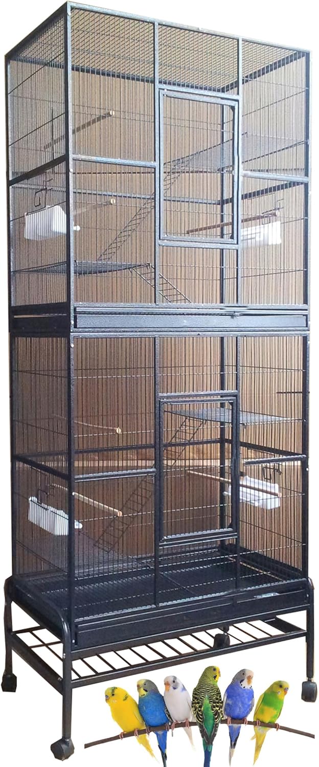 Extra Large Double Stacker Breeding Flight Bird Wrought Iron Separate Parrot Bird Cage Side Nesting Box Doors Easy Clean Pull Out Metal Grate Tray and Removalbe Rolling Stand